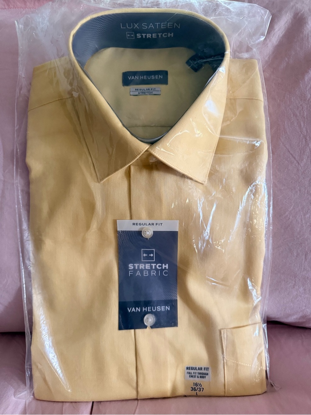 Van Heusen Men’s Lux Sateen Stretch Dress Shirt in Yellow